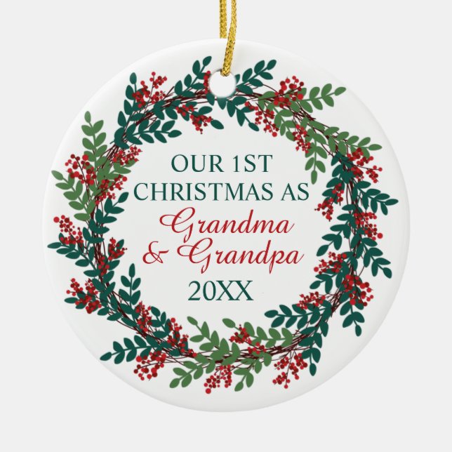 Unsere ersten Weihnachten als Oma und Opa Kranz Keramik Ornament (Vorne)