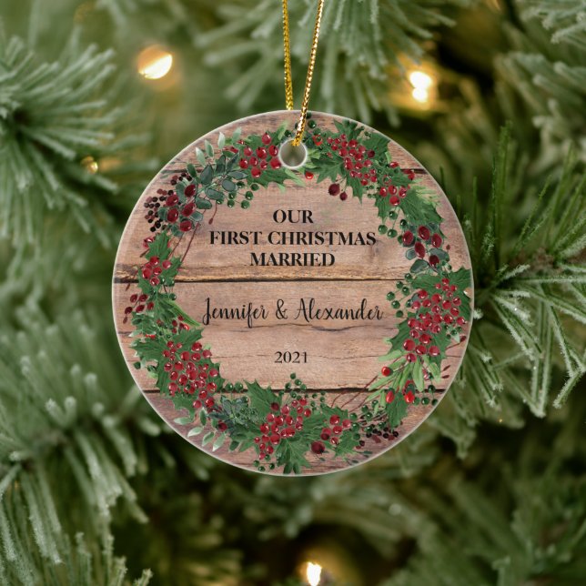 Unsere ersten Weihnachten mit verheirateten Holzbe Keramik Ornament (Baum)