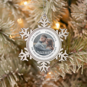 Unsere ersten Weihnachten Mr. und Mrs. frisch verm Schneeflocken Zinn-Ornament