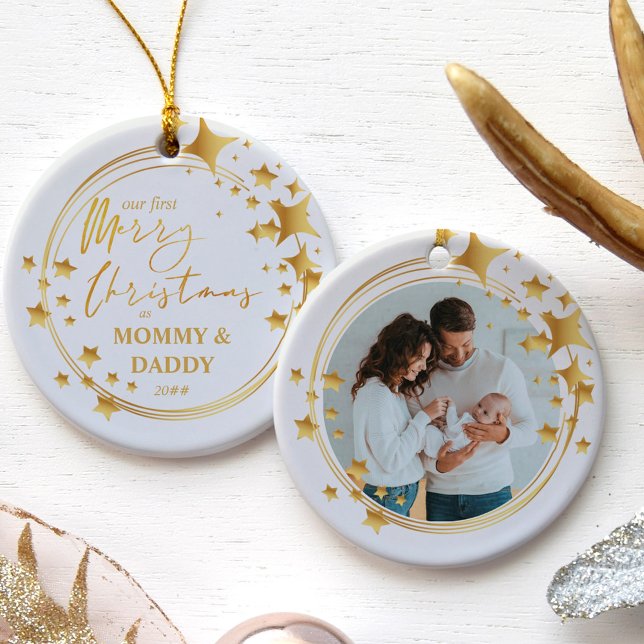Unsere ersten Weihnachten | New Baby Foto Gold Sta Keramik Ornament (Von Creator hochgeladen)