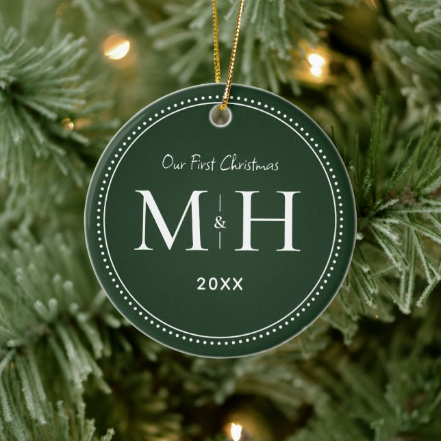Unsere ersten Weihnachten Newlywings Monogram Gree Keramik Ornament (Baum)