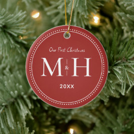 Unsere ersten Weihnachten Newlywings Monogram Red Keramik Ornament