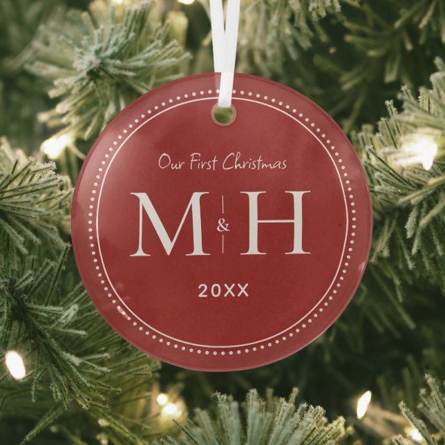 Unsere ersten Weihnachten Newlywings Monogram Red Ornament Aus Glas (InSitu)