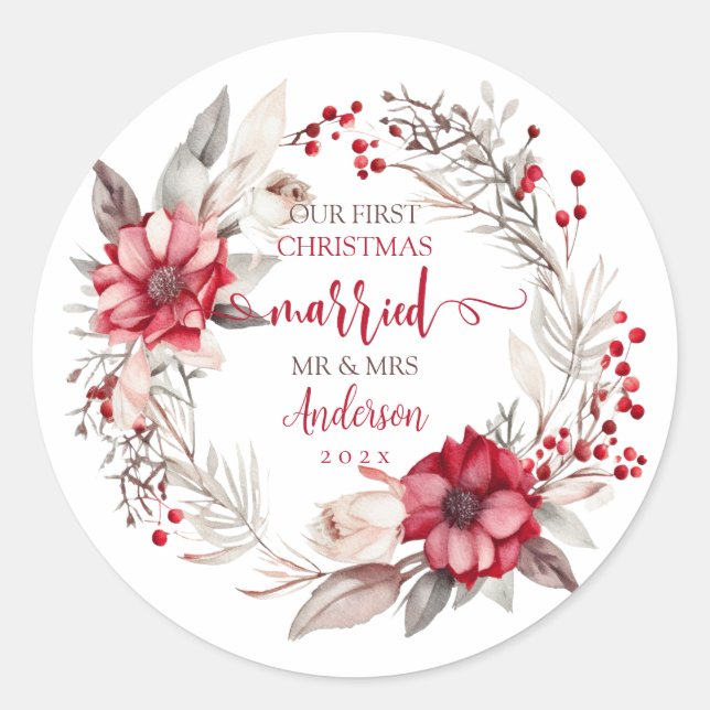 Unsere ersten Weihnachten Verheiratet Runder Aufkleber (Vorderseite)