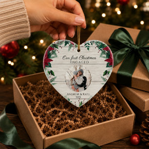 Unsere ersten Weihnachten Verlobt Foto Heart Keramik Ornament