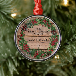 Unsere ersten Weihnachten verlobte rustikale Holzb Ornament Aus Metall