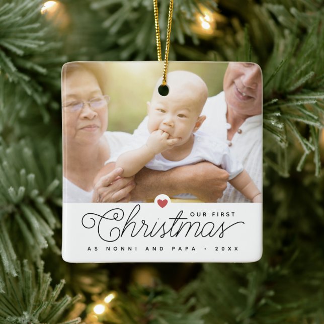 Unsere ersten Weihnachts-Großeltern 2 Fotos Keramikornament (Baum)