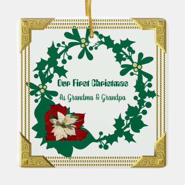 Unsere ersten Weihnachts-Großeltern White Poinsett Keramikornament (Vorderseite)