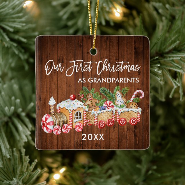 Unsere ersten Weihnachtsgroßeltern Gingerbread Zug Keramikornament (Baum)