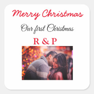 Unsere ersten Weihnachtsnamen Foto Hochzeit verlob Quadratischer Aufkleber