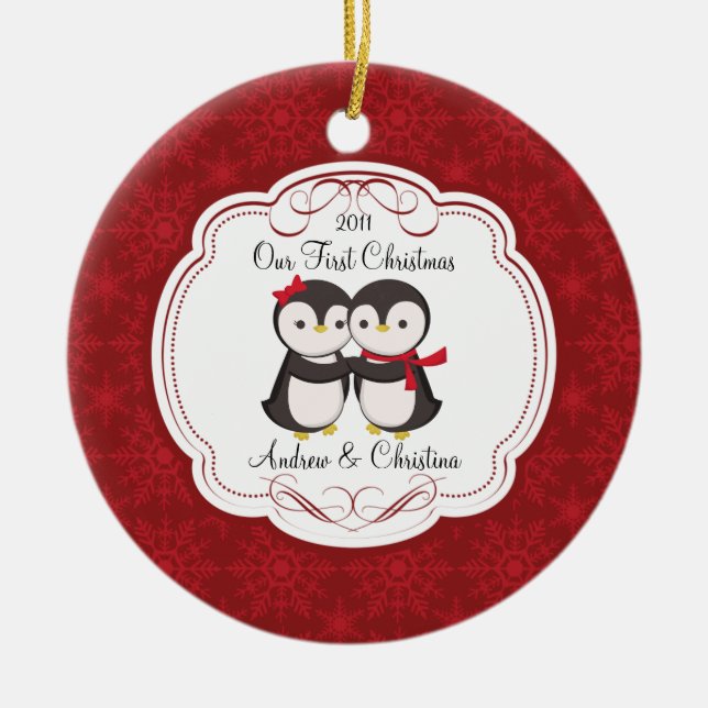 Unsere ersten Weihnachtsverzierungs-Pinguin-Paare Keramikornament (Vorne)