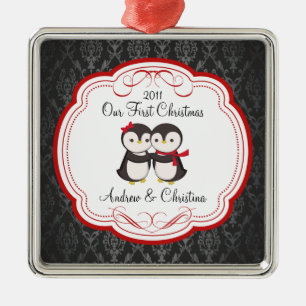 Unsere ersten Weihnachtsverzierungs-Pinguin-Paare Ornament Aus Metall