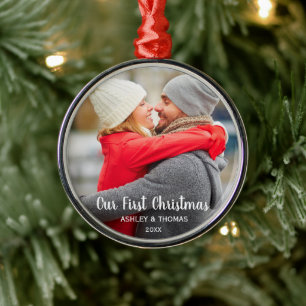 Unsere erstes Weihnachtspaar-Foto-moderne Runde Ornament Aus Metall