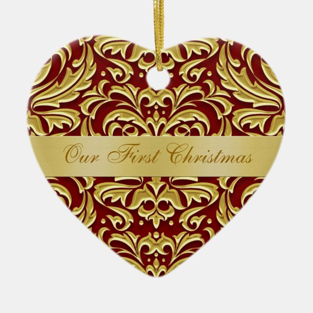 Unsere erstes Weihnachtsrote Golddamast-Verzierung Keramikornament (Vorne)