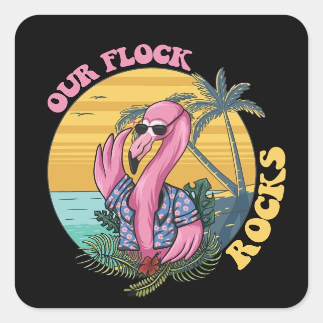 Unsere Flock Rocks Flamingo Groovy Retro Quadratischer Aufkleber (Vorderseite)