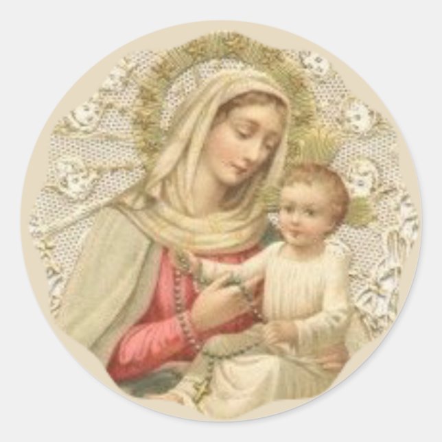 Unsere Frau des Rosenkranzes mit dem Jungen Jesus Runder Aufkleber (Vorderseite)