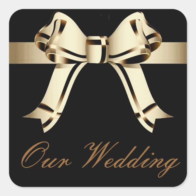 "Unsere Hochzeit" - Bold Sepia/Gold Bow und Ribbon Quadratischer Aufkleber (Vorderseite)