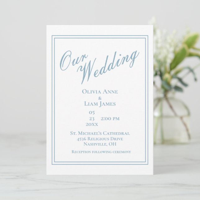 Unsere Hochzeit Dusty Blue Moderne Elegante Hochze Einladung (Stehend Vorderseite)