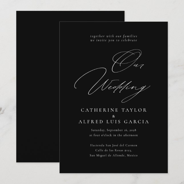 Unsere Hochzeit Elegante kalligraphische Schwarze  Einladung (Vorne/Hinten)