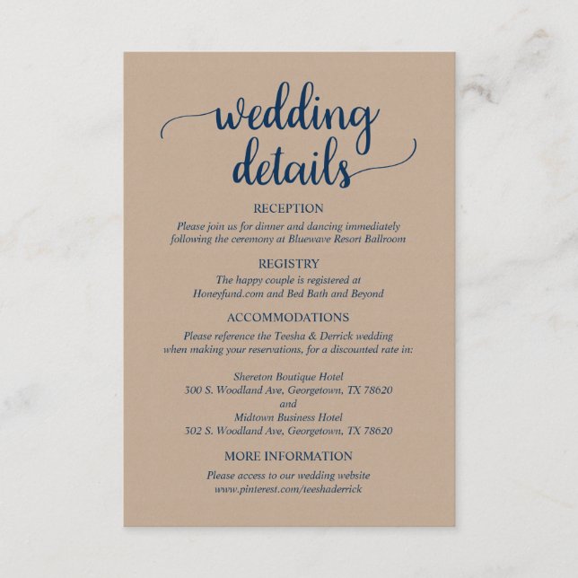 Unsere Hochzeitdetails, rustikale Kraft Navy Blue  Begleitkarte (Vorderseite)