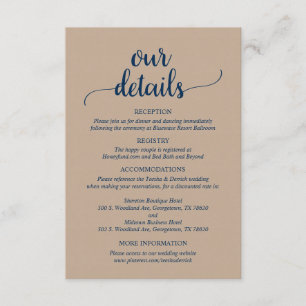 Unsere Hochzeitdetails, rustikales blaues Skript d Begleitkarte