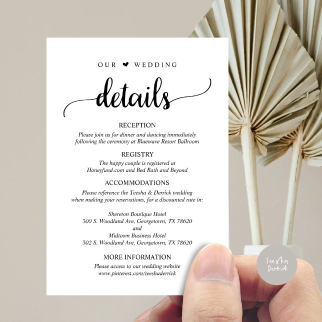 Unsere Hochzeitdetails, rustikales schwarzes Skrip Begleitkarte (Our Wedding Details, Rustic Script Invitation Enclosure Card, in Black and White)