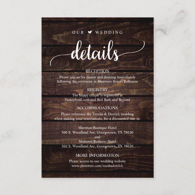 Unsere Hochzeitsdetails, rustikales dunkles Holz a Begleitkarte (Vorderseite)