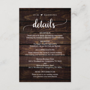 Unsere Hochzeitsdetails, rustikales dunkles Holz a Begleitkarte