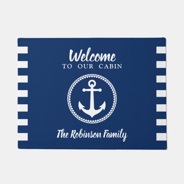 Unsere Kabine und Familienname mit Anchor Navy Blu Fußmatte (Vorderseite)