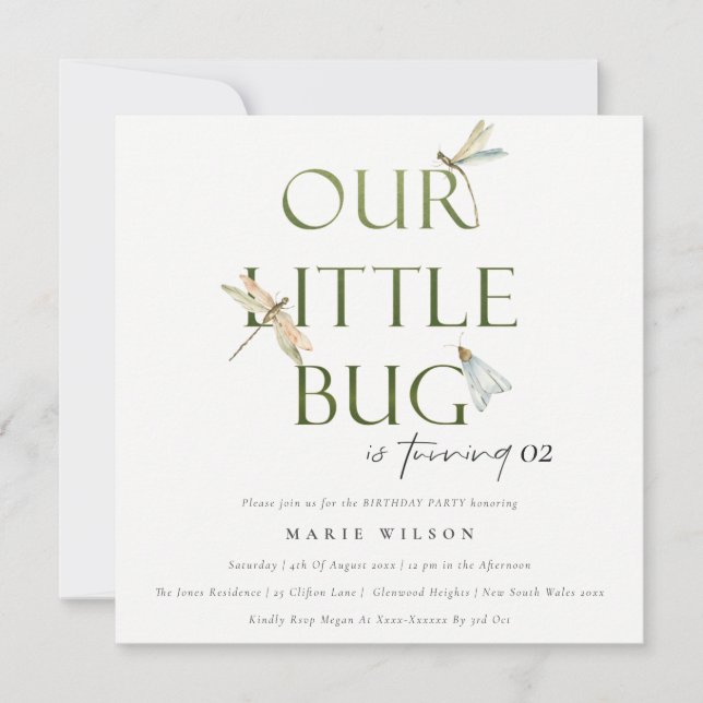 Unsere kleine Bug Green Dragonfly jeden Geburtstag Einladung (Vorderseite)