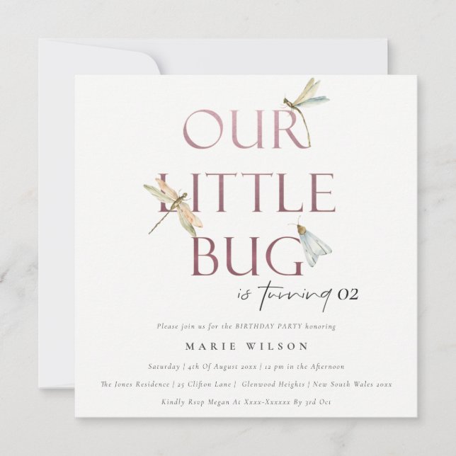 Unsere kleine Bug Pink Dragonfly jedes Alter Gebur Einladung (Vorderseite)