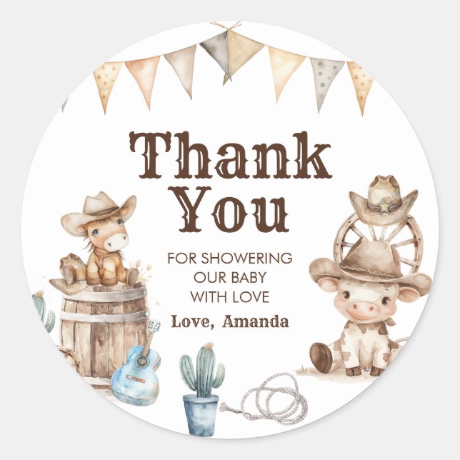 Unsere kleine Cowboy Wild West Babydusche Danke Runder Aufkleber (Vorderseite)