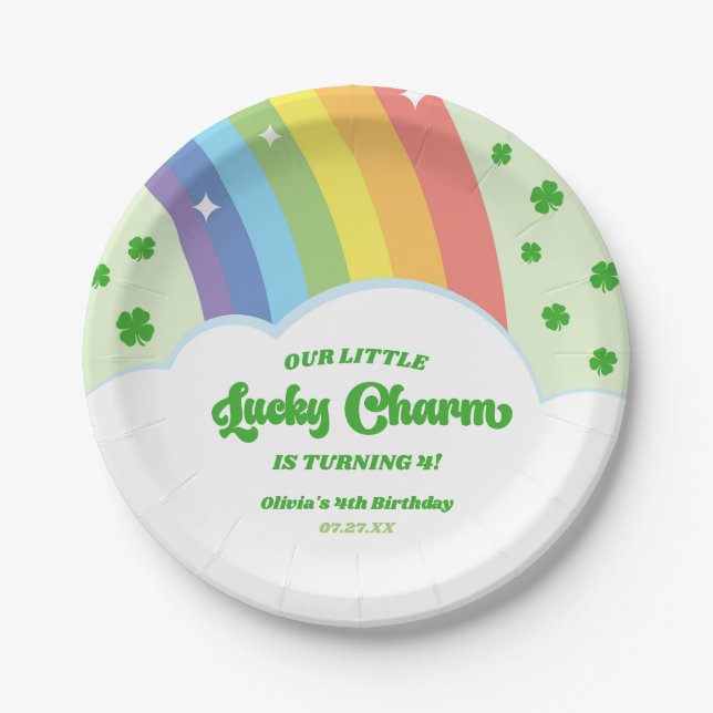 Unsere kleine glückliche Charm Rainbow Birthday Pa Pappteller (Vorderseite)