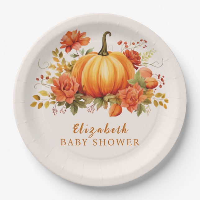 Unsere kleine Kürbis Blumenbrause Baby Dusche Pappteller (Vorderseite)