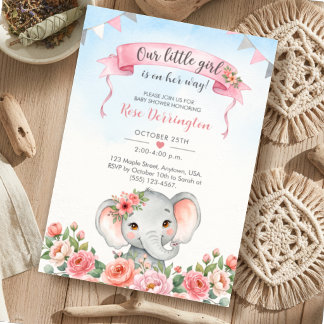 Unsere kleine Mädchen-Blumen-Elefanten-Baby-Party Einladung
