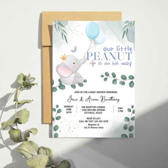 Unsere kleine Peanut Niedliche Elaphant Baby Boy D Einladung (our little peanut cute elaphant baby boy shower )