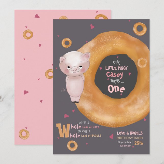 "UNSERE KLEINE PIGGY" | "Liebe & Bagels" Einladung (Vorne/Hinten)