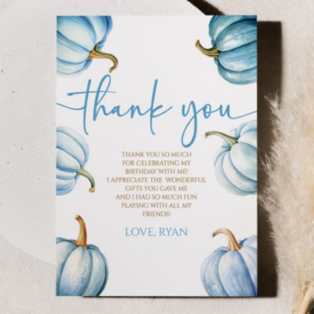 Unsere kleine Pumpkin Blue White Fall Birthday Par Dankeskarte (Von Creator hochgeladen)