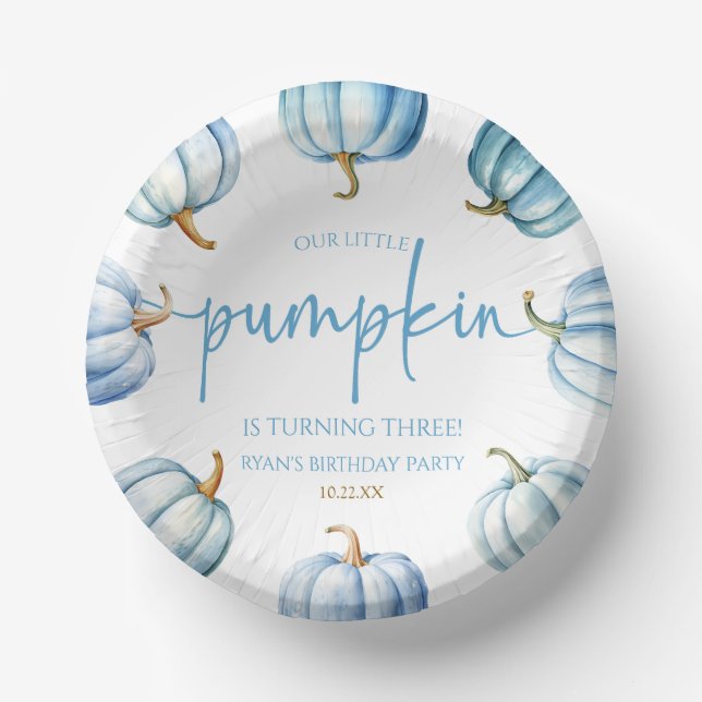 Unsere kleine Pumpkin Blue White Fall Birthday Par Pappteller (Vorderseite)