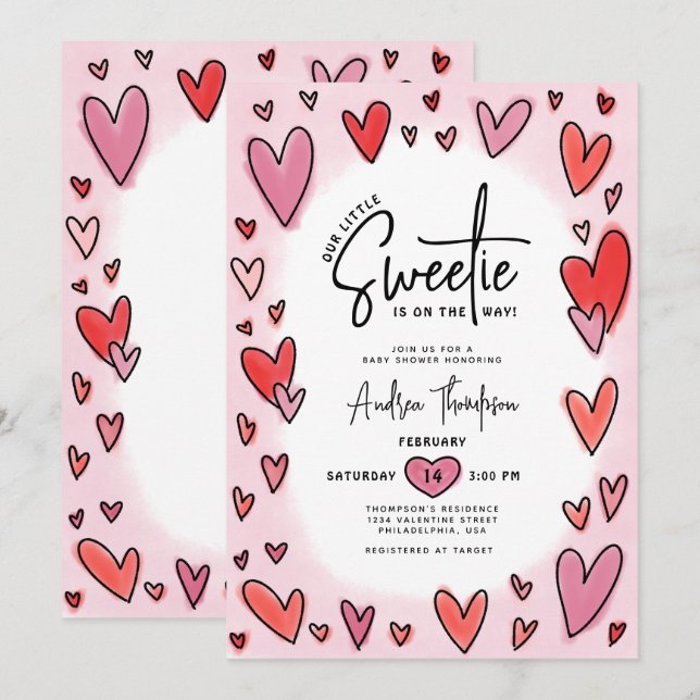Unsere kleine süße Valentine Hearts Baby Dusche Einladung (Vorne/Hinten)