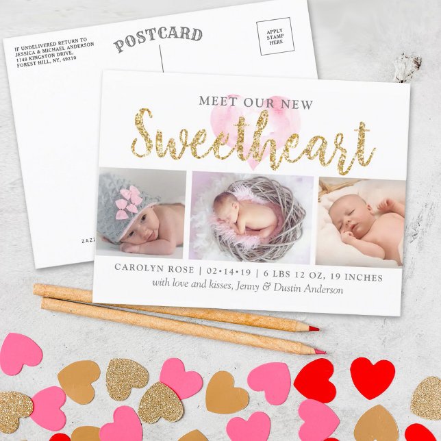 Unsere kleine Sweetheart 3 Foto Geburtserklärung Ankündigungspostkarte (Von Creator hochgeladen)