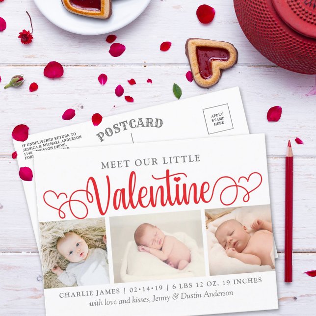 Unsere kleine Valentine 3 Foto Geburtserklärung Ankündigungspostkarte (Von Creator hochgeladen)