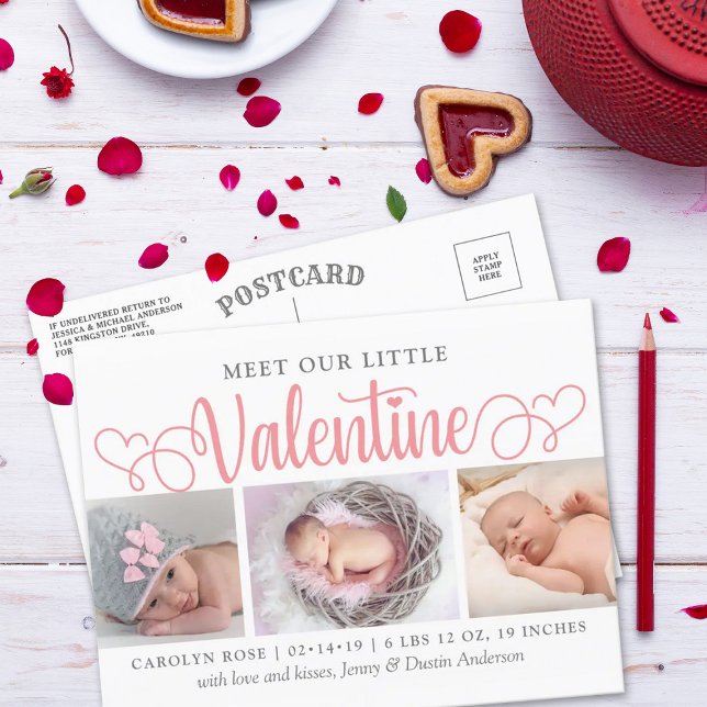 Unsere kleine Valentine 3 Foto Geburtserklärung Ankündigungspostkarte (Von Creator hochgeladen)