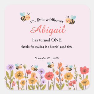 Unsere kleine Wildblume Floral Biene 1. Geburtstag Quadratischer Aufkleber