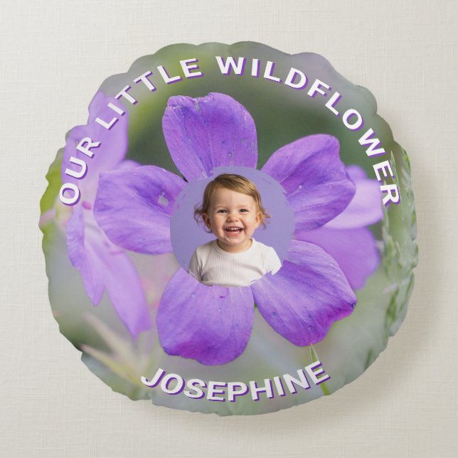 Unsere kleine Wildblume Lilac Geranium Custom Foto Rundes Kissen (Vorderseite)
