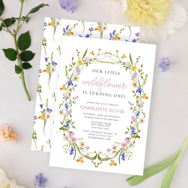 Unsere kleine Wildblume Pink Wasserfarbe 1. Geburt Einladung (1st Birthday Invitation)
