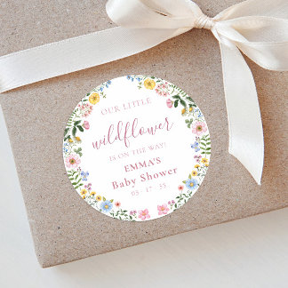 Unsere kleine Wildblumen-Aquarell-Baby-Party Runder Aufkleber