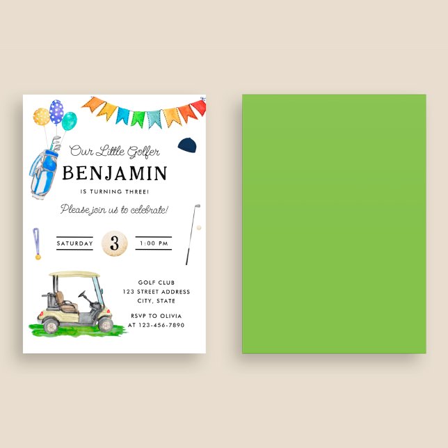 Unsere kleinen Golfer Green Cart Kinder Golf Gebur Einladung (Front and Back)