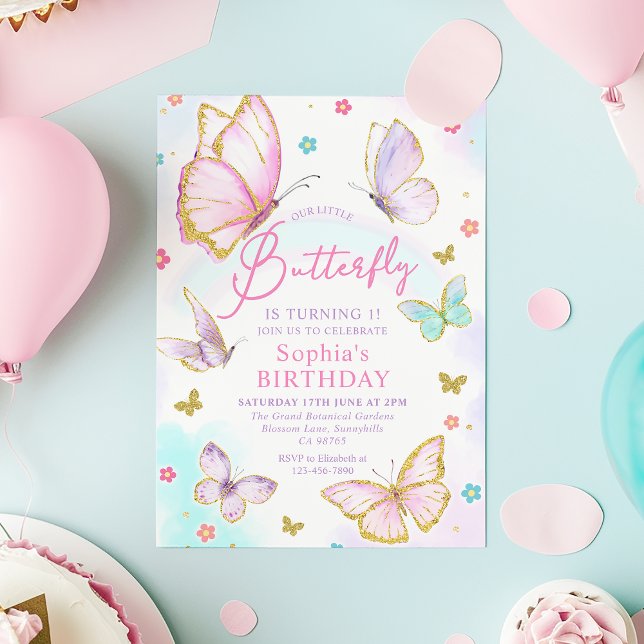 Unsere kleinen Schmetterlingsmädchen Pink Birthday Einladung (Von Creator hochgeladen)