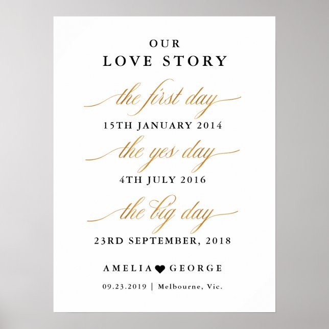 Unsere Liebe Geschichte Gold Imitate Hochzeitsterm Poster (Vorne)